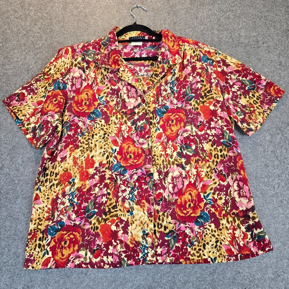 Donnkenny Classics Short Sleeve Camp Shirt Womens Large Petite Multi Button Up